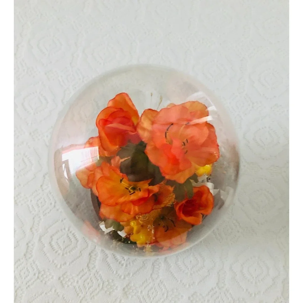 Vtg Silk Orange Roses Lace Ribbon Footed Wooden Glass Dome Conche 12